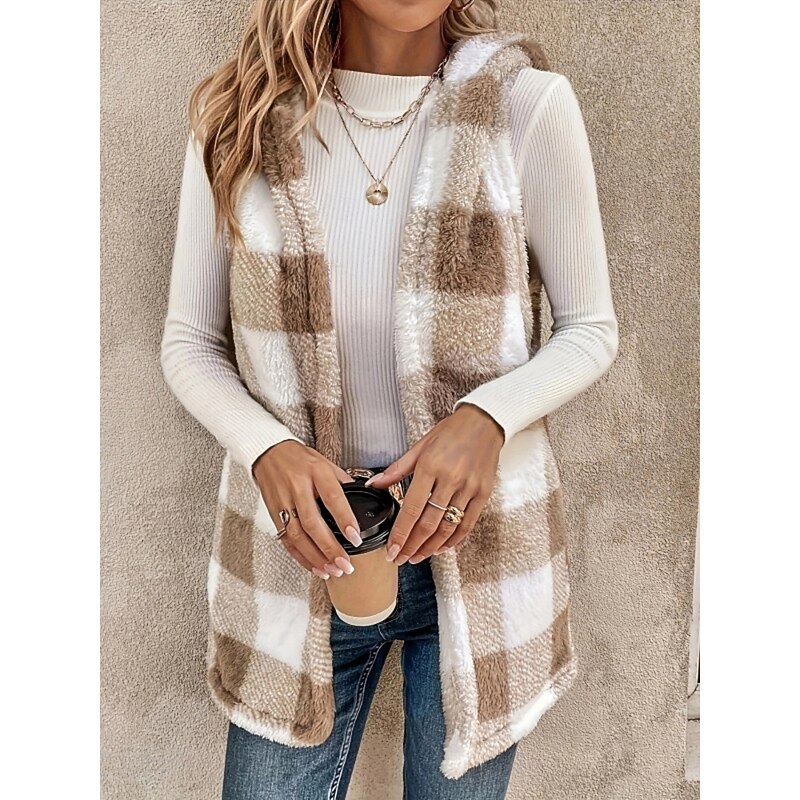 Women's Winter Coat Fleece Vest Sherpa Jacket Comfortable Breathable Print Casual Plaid Vacation Street Casual Daily Wear Open Front Regular Hooded Regular Fit Sleeveless Outerwear Khaki Spring Fall3