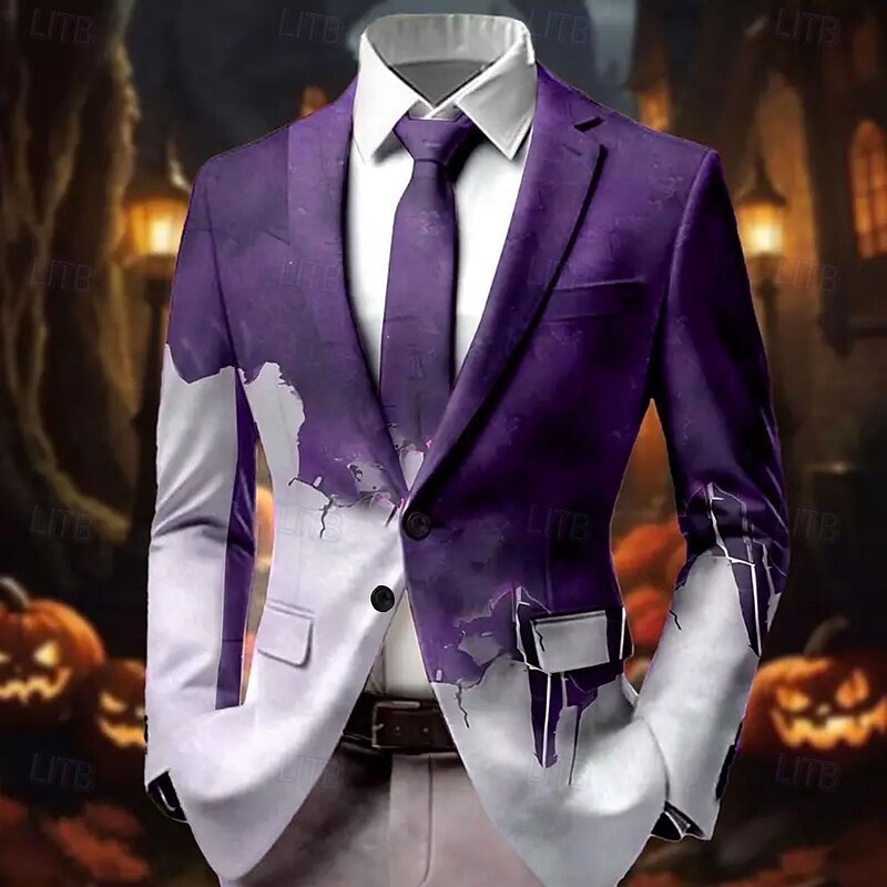 Halloween Men's Coat Blazer Outdoor Street Casual Casual Daily Fall / Winter 100% Polyester Gradient Blood stains 3D Print Buttons Thermal Warm Comfortable Single Breasted Blazer Red Purple Green Gray4