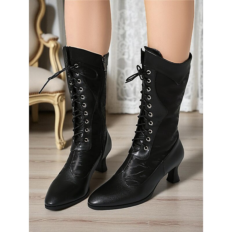 Women's 1920s Victorian Lace-Up Mid Heel Boots - White Vintage Steampunk Ankle Boots for Costume, Historical Reenactments and Gatsby Events