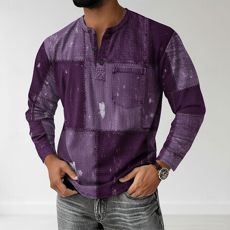 Men's Patchwork Henley Shirt T shirt Tee Long Sleeve Retro Vintage Casual Casual Spring Fall All Seasons Blue Green Purple Gray Henley Henley T-Shirt3