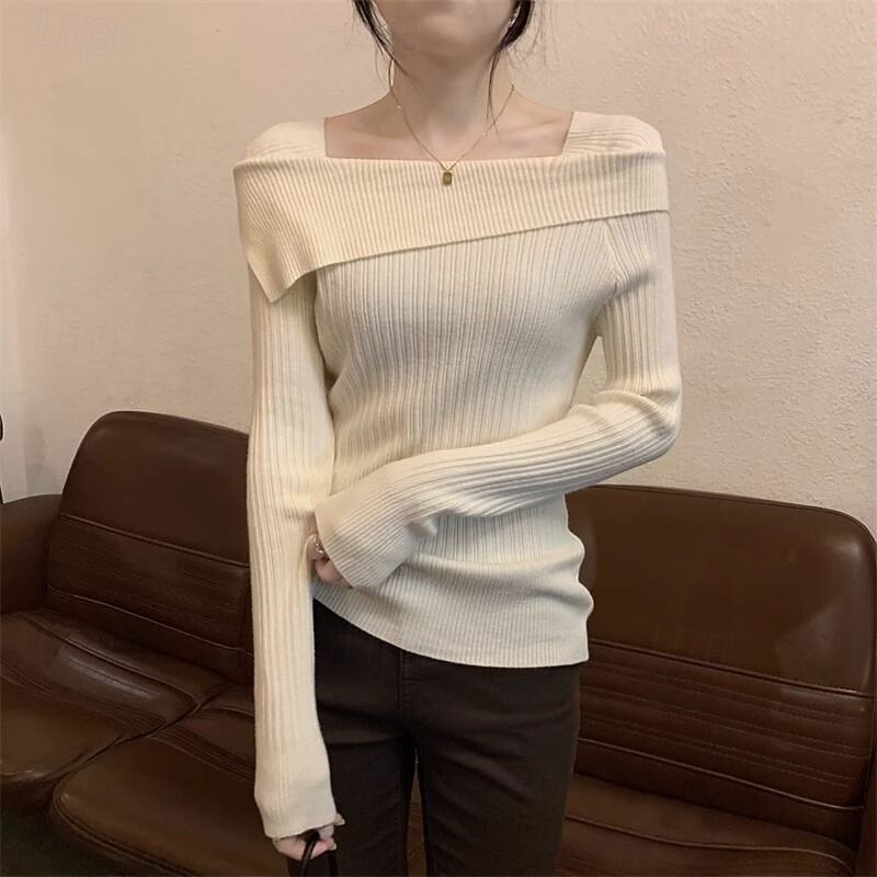 Women's Sweater Pullover Streetwear Casual Solid Color Off Shoulder Knitted Long Sleeve Regular Tops Knit Outdoor Holiday Going out Black White Fall Winter4