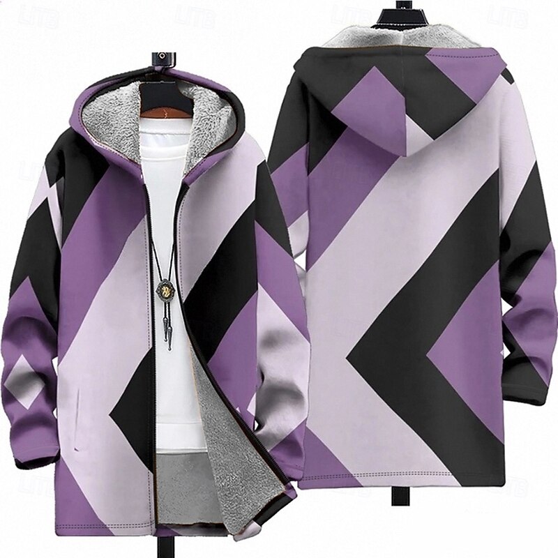 Men Geometic Winter Coat Fleece Jacket Coat Thermal Warm Comfortable Casual Daily Wear Zipper Pocket 3D Print Fall Winter Hooded Long Sleeve Purple Green Dark Blue3
