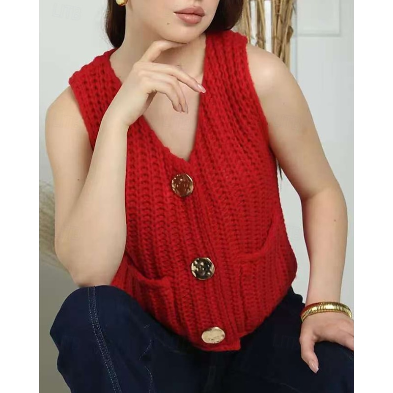 Women's Sweater Sweater Vest Cardigan Streetwear Casual Solid Color V Neck Buttons Knitted Sleeveless Regular Tops Knit Daily Holiday Going out Yellow Pink Fall Winter4