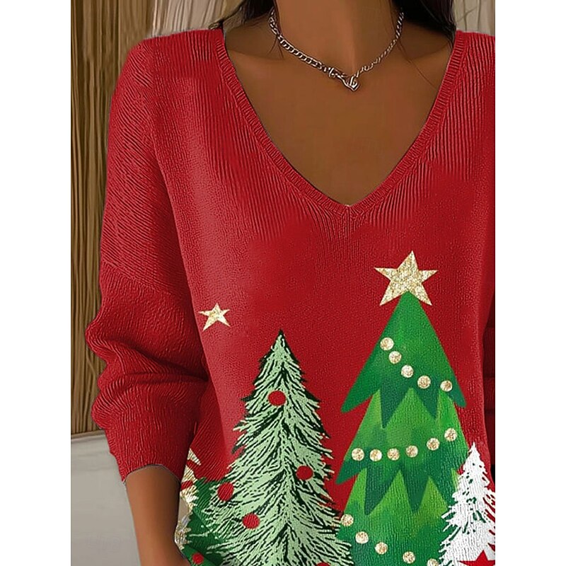 Women's Sweater Pullover Fashion Streetwear Casual Graphic Christmas Tree V Neck Oversized Knitted Long Sleeve Regular Tops Knit Outdoor Daily Red Spring Fall2
