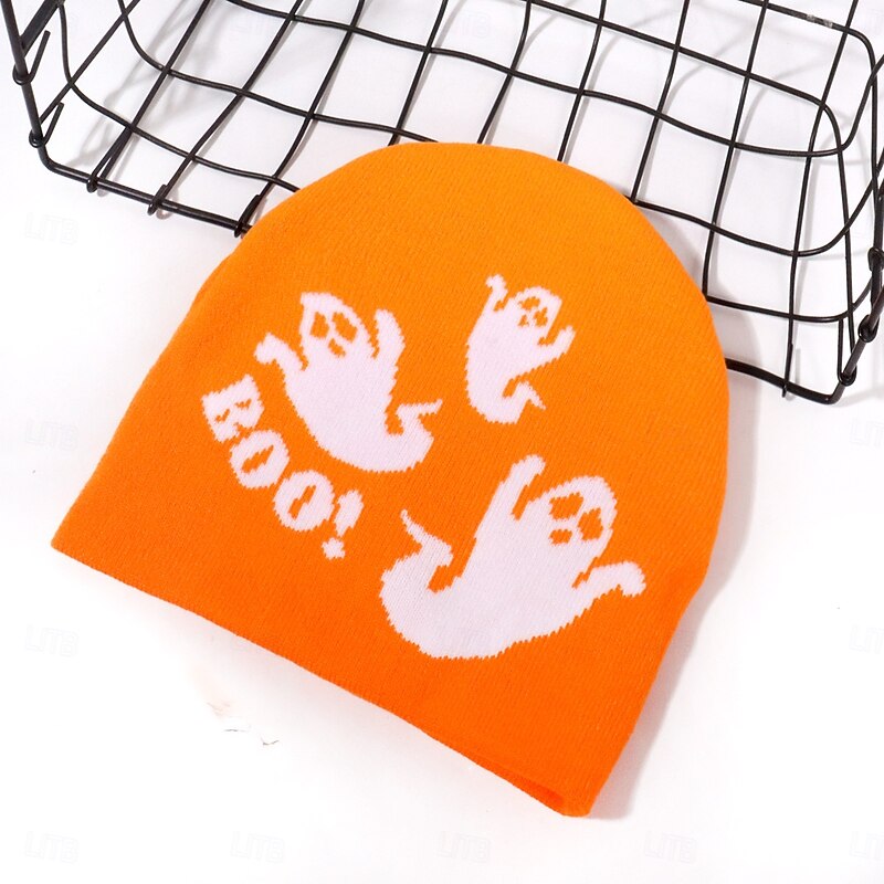 Men's Unisex Beanie Hat Winter Hats Beanies Knit Hat Winter Beanie Black / Orange Wine Acrylic Fibers Jacquard Knitted Cozy Halloween Daily Wear Festival Ghost Letter Warm4
