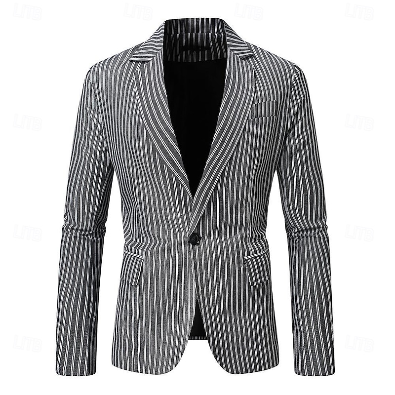 Men's Blazer Jacket Work Business Spring & Summer Fall & Winter Polyester Vertical Stripes Single Breasted One-button Blazer Dark Gray Light Grey2