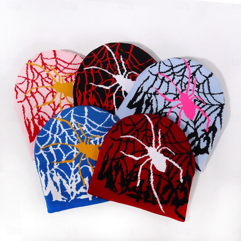 Men's Unisex Beanie Hat Winter Hats Beanies Skull Cap Knit Hat Light Blue Black Acrylic Fibers Jacquard Knitted Cozy Halloween Daily Wear Festival Spider Spider web Warm