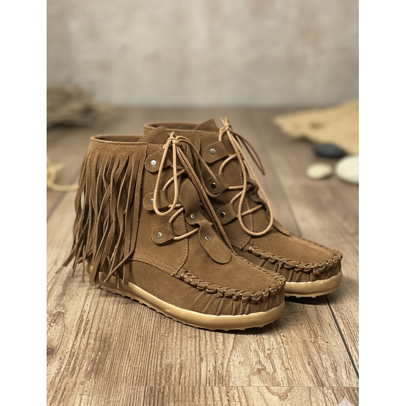 Women's Brown Fringe Moccasin Ankle Bootswith Lace-Up Design for Boho Style - Perfect for Festivals and Everyday Wear4
