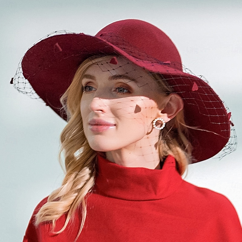 Hats 100% Wool Bowler / Cloche Hat Fedora Hat Wedding Ladies Day Elegant Wedding With Tulle Headpiece Headwear