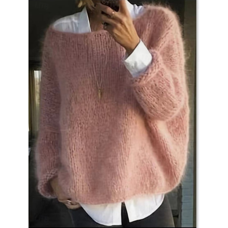 Women's Sweater Casual Soft Pure Color Ribbed Crew Neck Knitted Long Sleeve Regular Tops Knit Outdoor Daily Weekend Black Pink Fall Winter