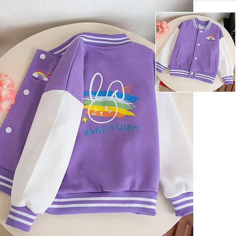 Kids Girls' Baseball Jacket Rainbow Sports Comfort Buttons Soft School Cotton Coat Outerwear 4 years+ Fall Black Pink Blue3