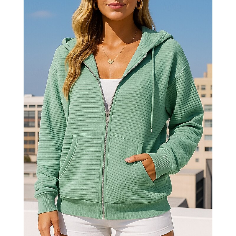 Women's Hoodie Sweatshirt Zip Up Jacket with Pockets Long Sleeve Top Athleisure Fall Solid Colored Windproof Warm Hiking Outdoor Travel Sportswear Activewear Black Green4