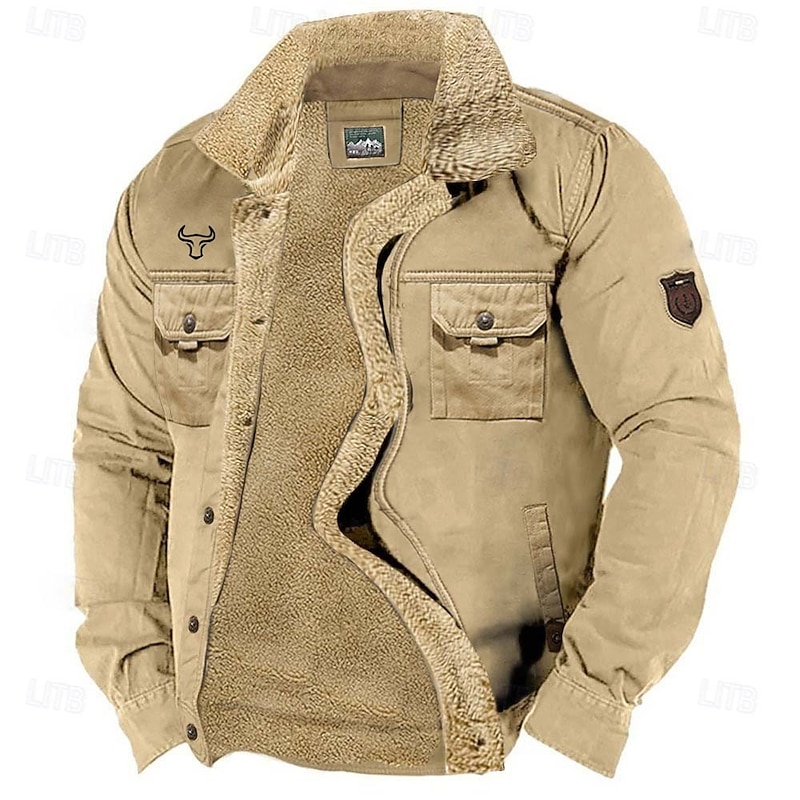 Men's Cow Print Fleece Jacket Cargo Jacket Sherpa Jacket Thermal Warm Vintage Casual Outdoor Home Multiple Pockets Cotton Jackets Winter Coats Fall Winter Fleece Turn-Down Collar Long Sleeve khaki