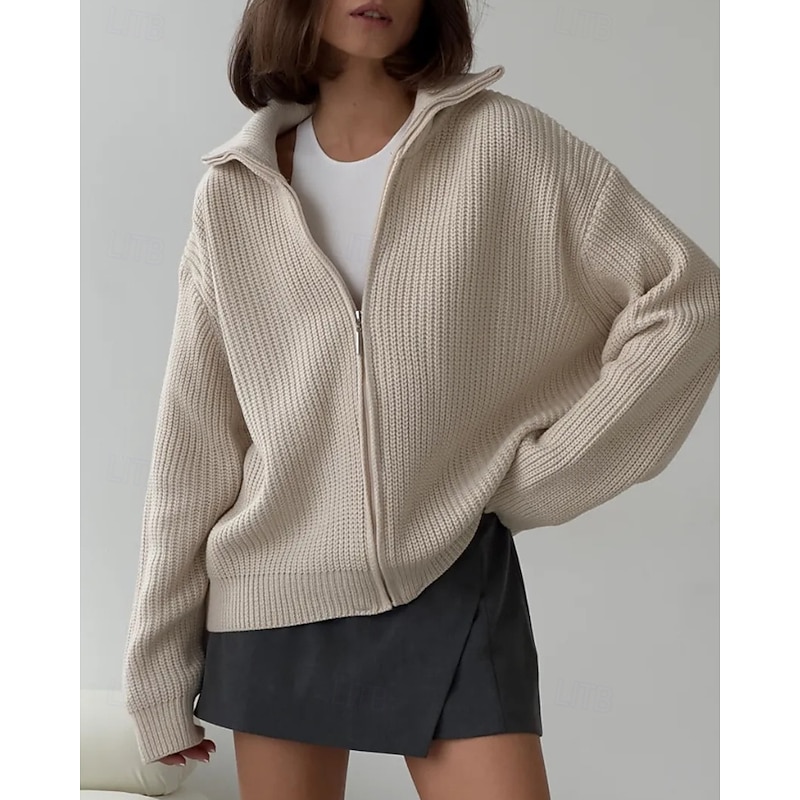 Women's Sweater Cardigan Streetwear Casual Solid Color Stand Collar Zipper Knitted Long Sleeve Regular Tops Knit Daily Holiday Going out Black Red Fall Winter4