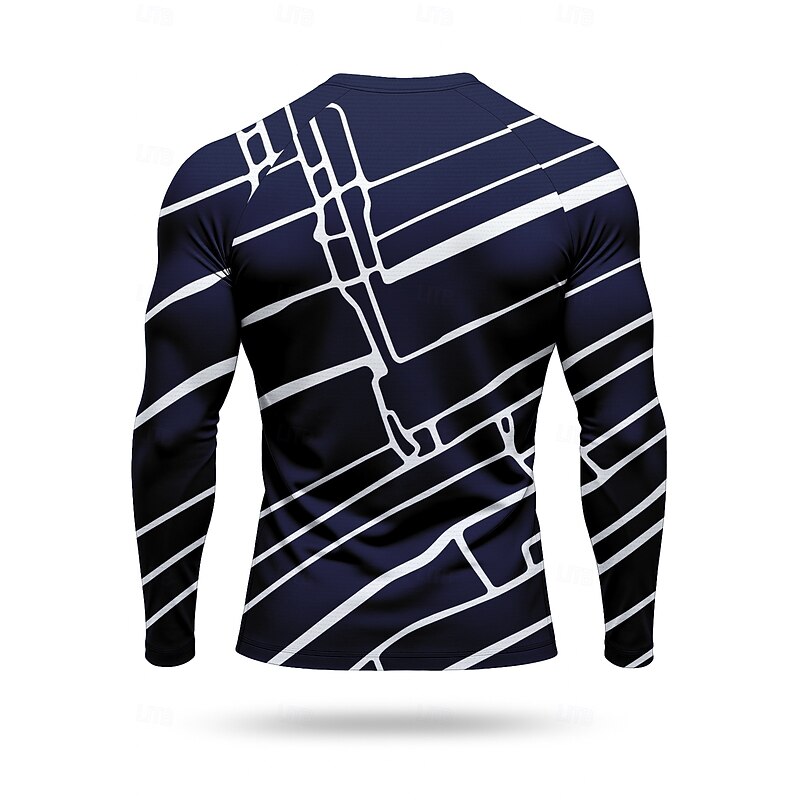Men's Compression Shirt Running Shirt 3D Print Long Sleeve Base Layer Geometric Quick Dry Compression Power Flex Moisture Wicking Gym Workout Active Training Cycling Sportswear Activewear Black Navy2
