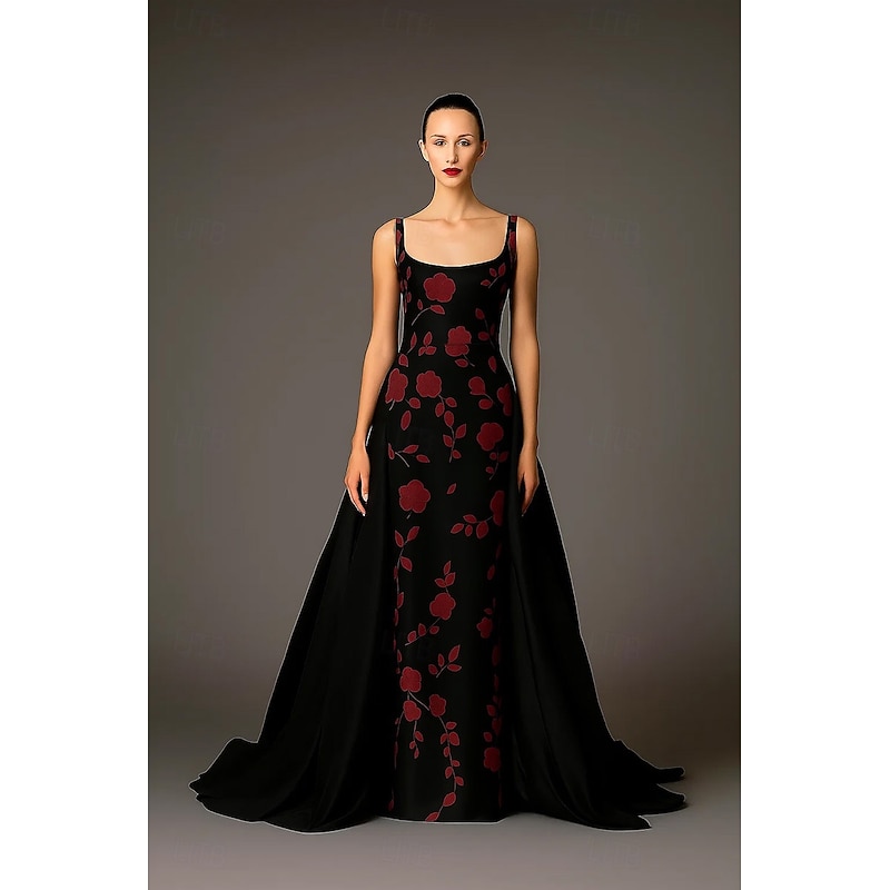 Black and Gold Floral Print A-Line Evening Gown Elegant Formal Dress Formal Wedding Court Train Sleeveless Square Neck Pocket Stretch Satin with Overskirt 20254