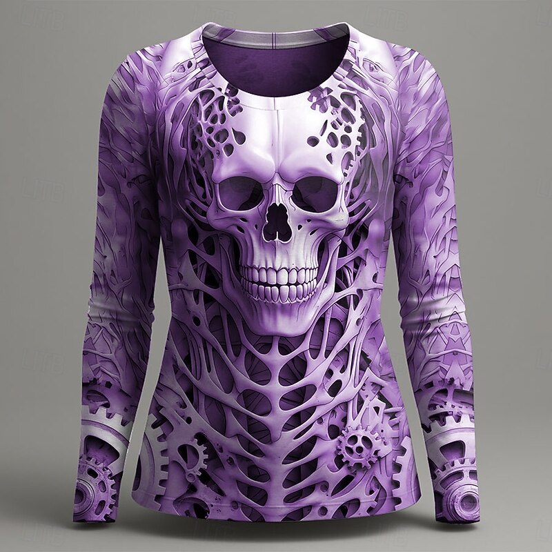Halloween Women's T Shirt Graphic Skull Skeleton Vintage Fashion Stylish Long Sleeve Crew Neck Round Neck Regular Tops Daily Weekend Print Red Purple Green Gray Summer Spring Fall4