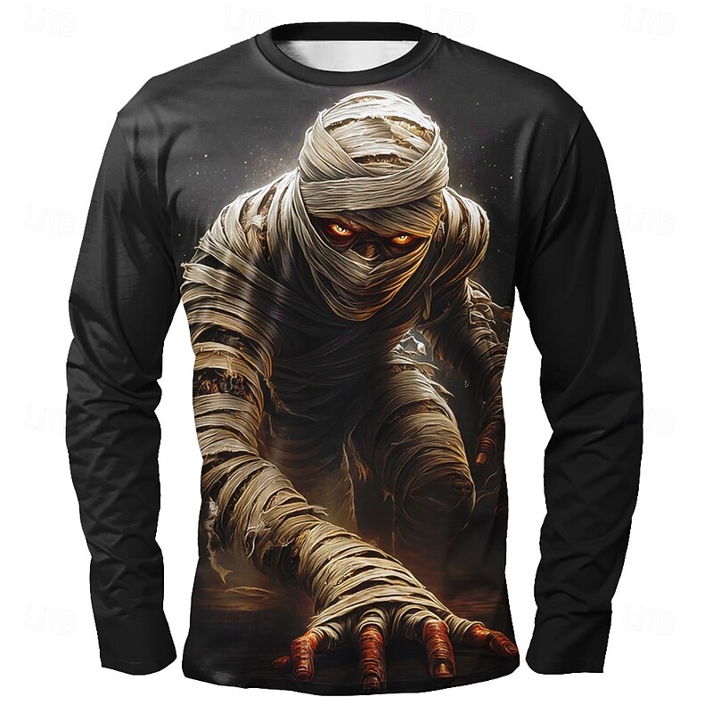 Halloween Men's Optical Illusion 3D Mummy T Shirt Long Sleeve T shirt 3D Print Crew Neck Shirt Fashion Exaggerated Street Casual Daily Black Brown Dark Gray Summer Spring Fall Clothing Apparel S M L3