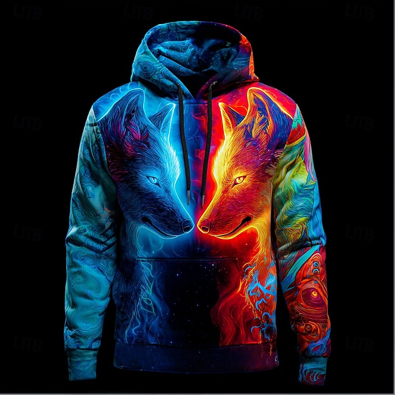 Men's Wolf 3D Hoodie Sweatshirt Cool Party Crew Neck Club Streetwear Blue Dark Blue Drawstring Fall Winter Designer2
