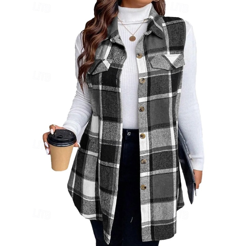 Women's Vest Comfortable Pocket Buttons Casual Plaid Vacation Street Casual Daily Wear Regular Turndown Regular Fit Sleeveless Outerwear Black Red Orange Fall Winter2