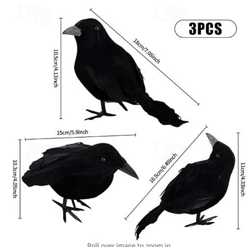3 Pack Halloween Black Feathered Crows, Black Crows with Real Feather Halloween Decoration for Indoor Outdoor2