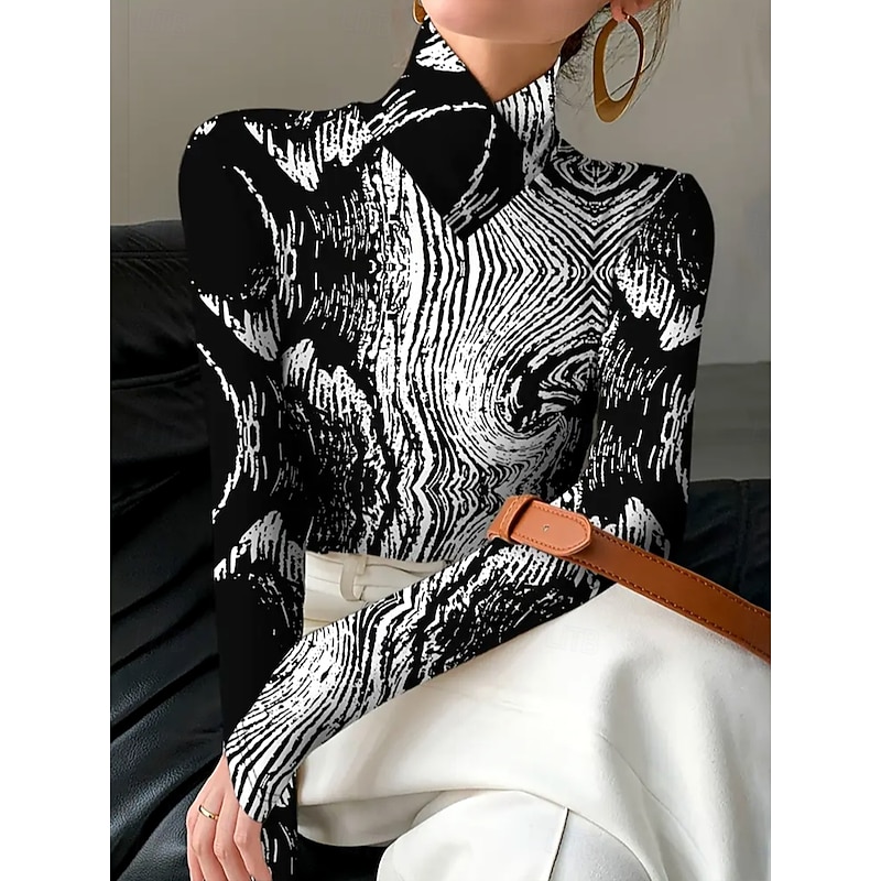 Women's T Shirt Graphic Marble Elegant Vintage Stylish Long Sleeve Turtleneck High Neck Asymmetric Neck Regular Tops Daily Print Black and White Spring Fall Winter