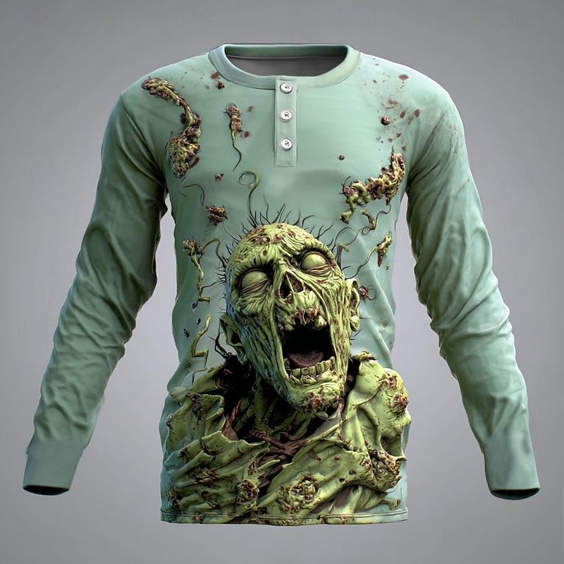 Men's Halloween Zombies Henley Shirt Long Sleeve Fashion Cute Daily Casual Holiday Going out Fall Spring &  Fall Light Green Purple Mint Green Khaki Henley Henley T-Shirt