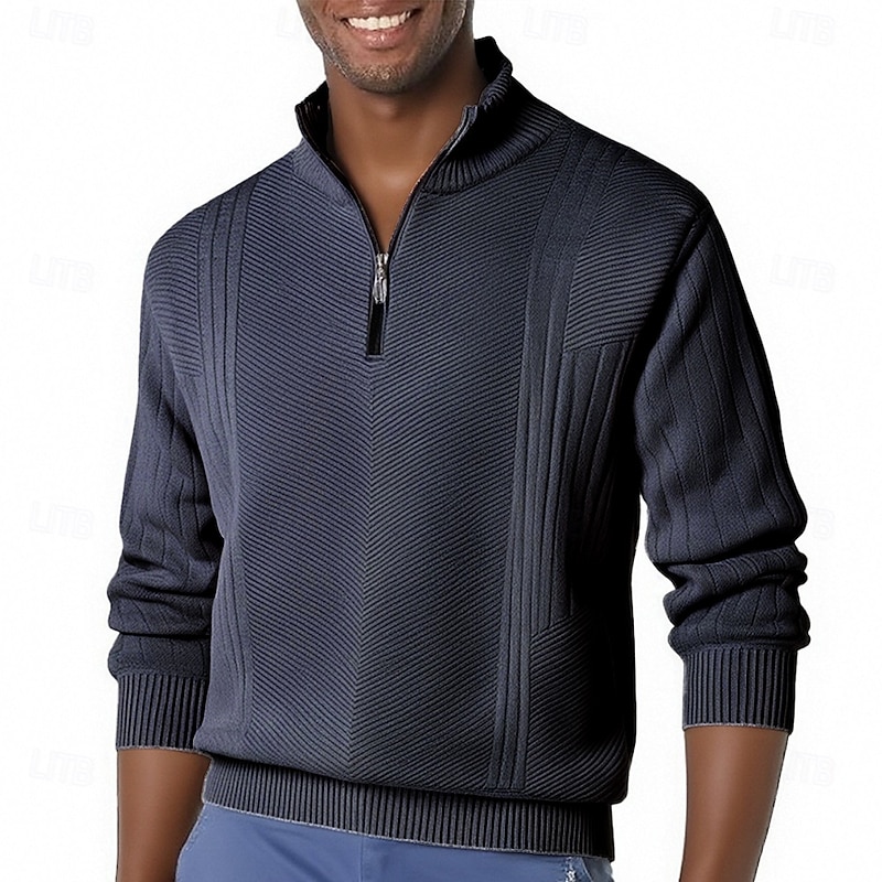 Men's Pullover Sweater Jumper Quarter Zip Sweaters Knit Sweater Ribbed Knit Regular Tops Knitted Fleece Plain Half Zip Fashion Casual Vacation Daily Wear Clothing Apparel Fall Winter Black Navy Blue2