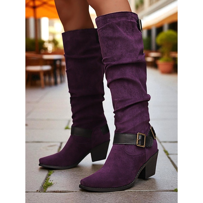 Women's Purple Suede Knee-High Boots with Buckle Straps – Western Cowboy Style Block Heel Boots for Fall Fashion, Halloween Outfits and Outdoor Streetwear3