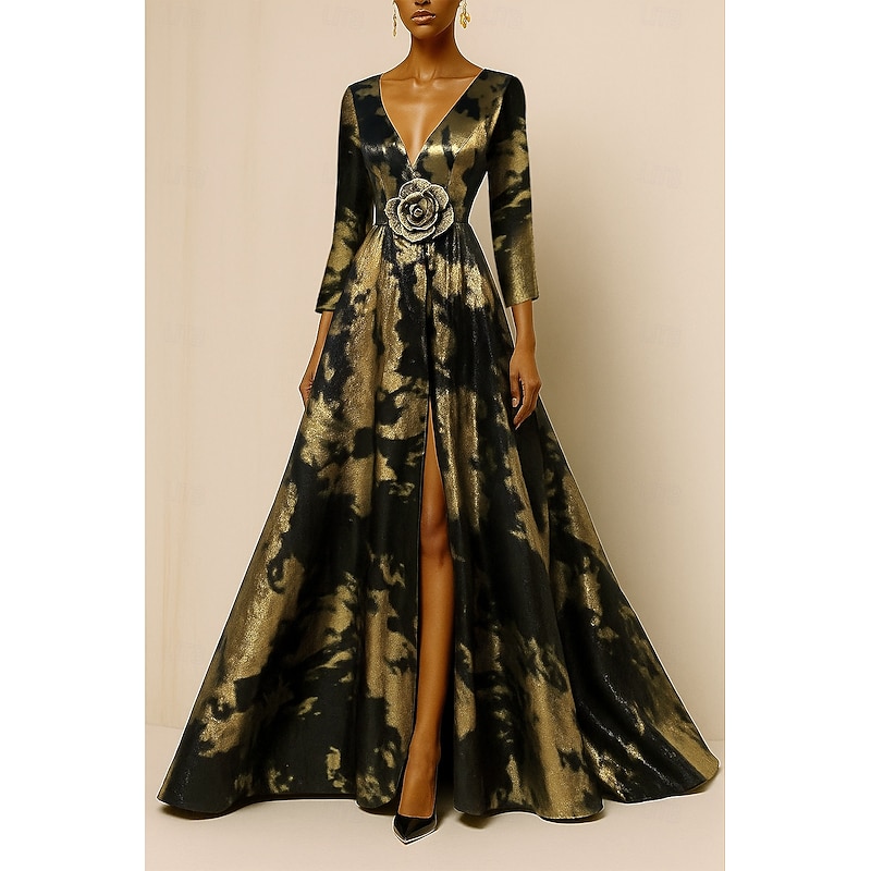 Black Gold A-Line Evening Gown Elegant Formal Dress Formal Wedding Floor Length Half Sleeve V Neck Pocket Nylon with Floral Print 2025