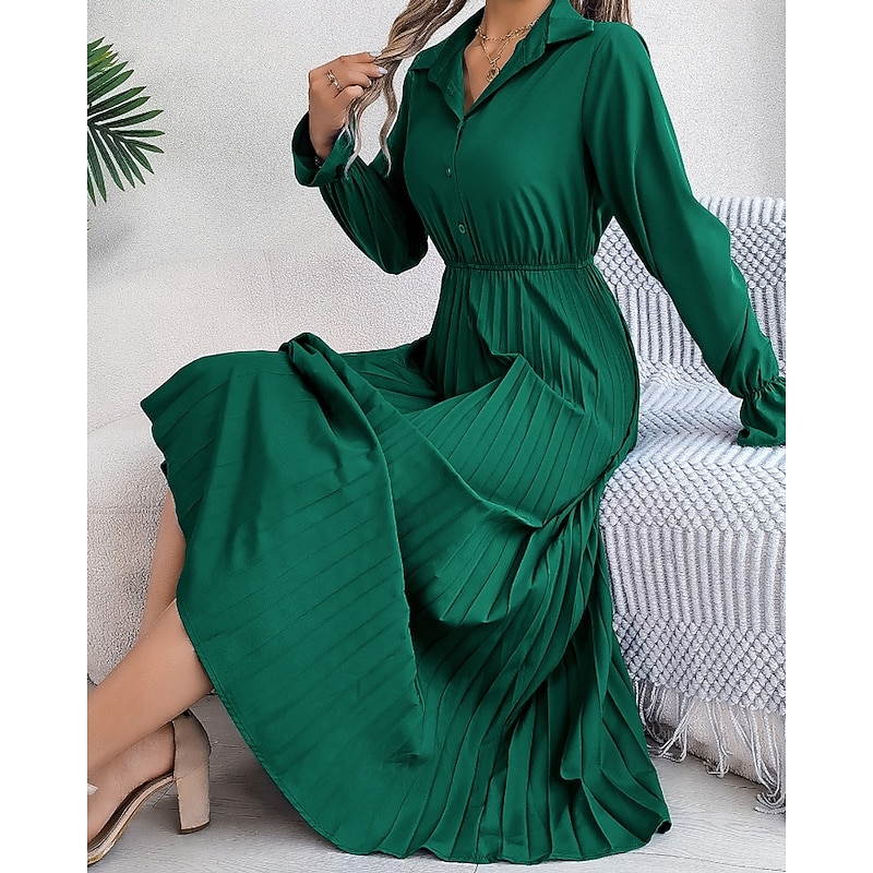 Women's Midi Dress Shirt Dress Cocktail Dress Satin Dress Ruched Dress Modern Outdoor Going out Weekend Regular Fit Plain Long Sleeve Shirt Collar Wine Army Green Royal Blue Dark Green Spring Fall