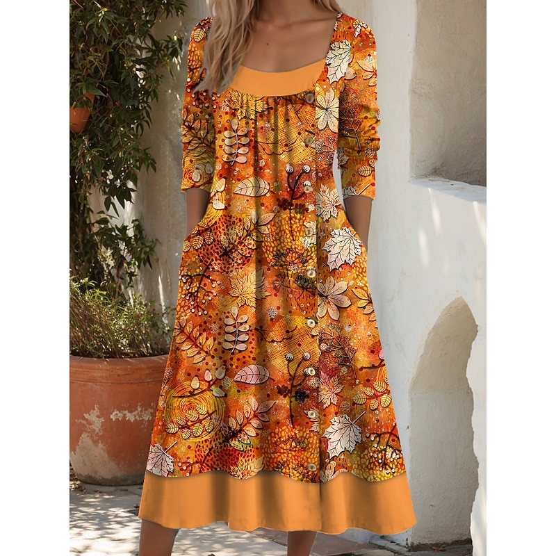Women's Midi Dress Shift Dress A Line Dress Casual Daily Regular Fit Graphic Leaf Long Sleeve Square Neck Yellow Orange Brown Fall Winter2