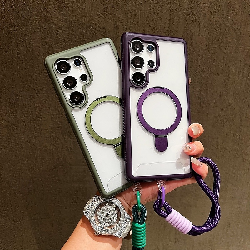 Phone Case For Samsung Galaxy S25 Ultra Plus S25 Edge S24 Plus Back Cover with Stand Holder with Lanyard Shockproof Retro TPU Acrylic