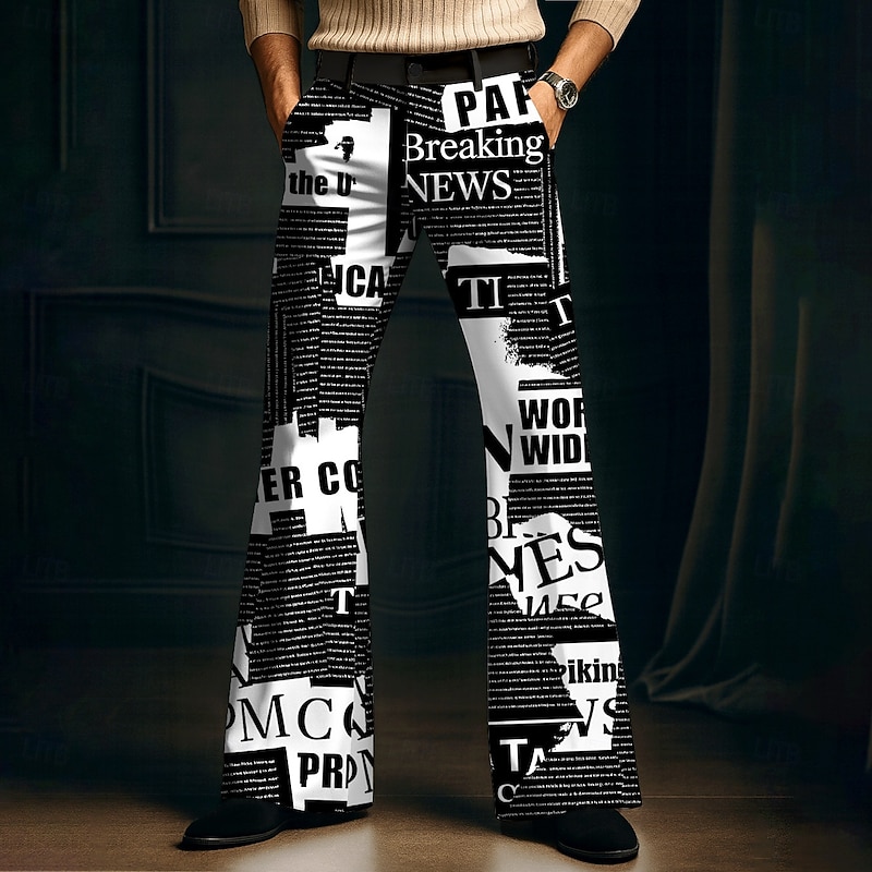 Men's Letter Printed Newspaper Disco Pants 60s 70s Bell Bottoms Mid Waist Vintage Retro Outdoor Vacation Party Side Pockets Flared Leg Pants Trousers Spring Fall 3D Print Black White4
