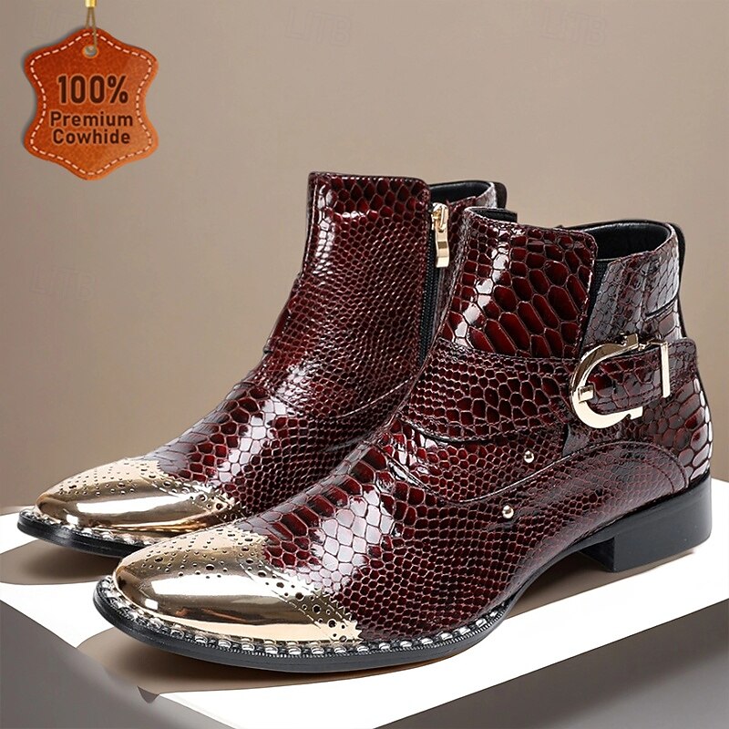 Men's Burgundy Genuine Leather Snake Print Ankle Boots with Metal Toe Cap – Rock Stage Performance Footwear - Main Image
