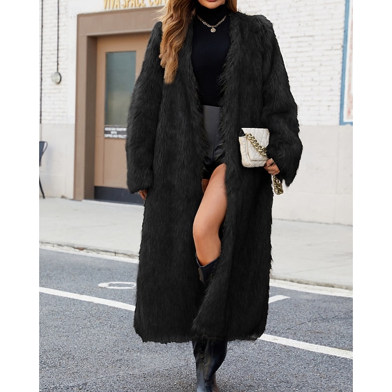 Women's Coat Faux Fur Coat Warm Comfortable Furs & Leathers Casual Plain Vacation Daily Wear Going out Weekend Long V Neck Regular Fit Long Sleeve Outerwear Black Fall Winter