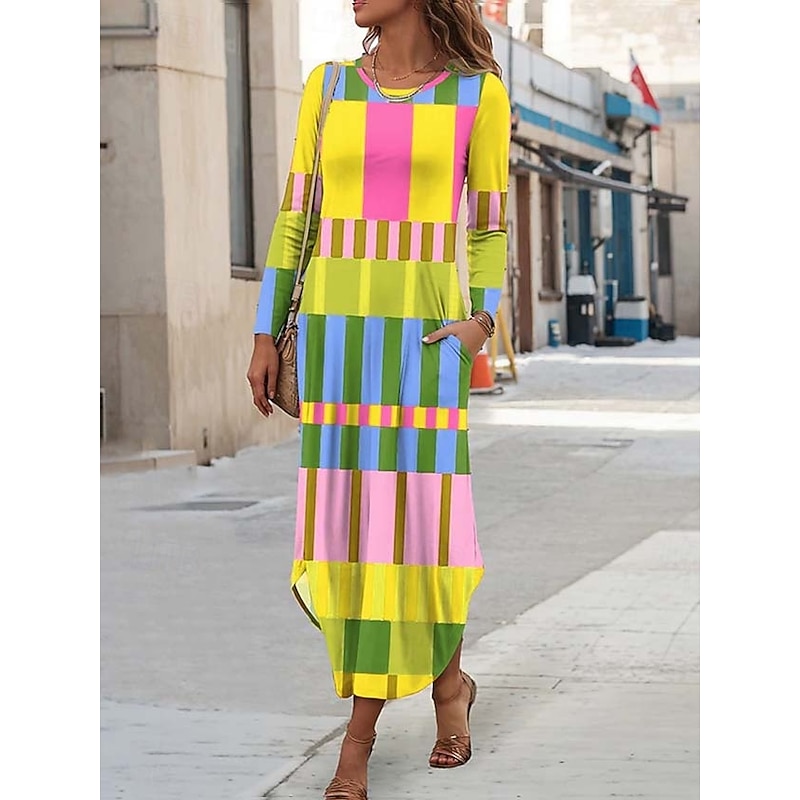 Women's Maxi Dress Sheath Dress T Shirt Dress Tee Dress Vacation Casual Boho Holiday Date Regular Fit Graphic Geometric Abstract Long Sleeve Crew Neck Yellow Blue Purple Orange Spring Fall Winter2