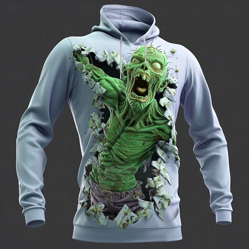 Halloween Men's Optical Illusion Zombies 3D Hoodie Sweatshirt Punk Exaggerated Crew Neck Club Streetwear Lake blue Blue Drawstring Fall Winter Designer4