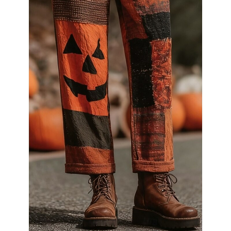Women's Pants Trousers Straight Vacation Vintage Fashion Full Length Mid WaistPantsHalloween Pumpkin Patchwork Drawstring Patchwork Elastic Waist Comfy Breathability Inelastic Outdoor Dailywear Daily3
