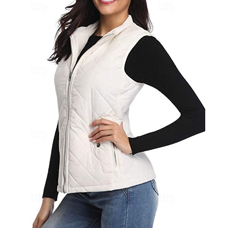 Women's Vest Warm Comfortable Zipper Pocket Casual Plain Vacation Daily Wear Going out Weekend Regular Stand Collar Regular Fit Sleeveless Outerwear Black White Pink Fall Winter2