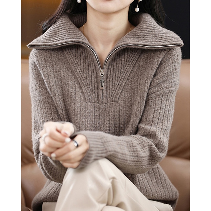 Women's Sweater Pullover Fashion Basic Casual Pure Color Ribbed Half Zip Zipper Knitted Long Sleeve Regular Tops Knit Outdoor Daily Weekend Coffee Fall Winter2