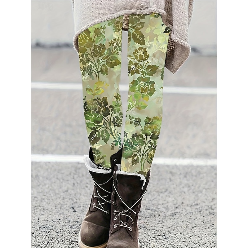 Women's Leggings Vintage Fashion Streetwear Full Length High Waist Floral Graphic Printing Thermal Warm Soft Breathable Stretchy Vacation Street Black Yellow Orange Green Spring Fall Winter Slim Fit2