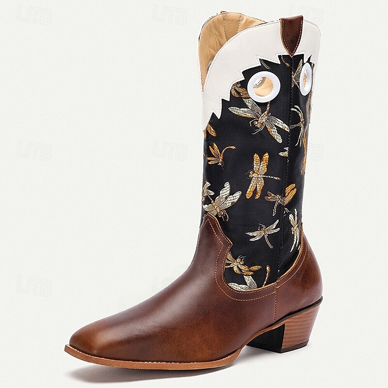 Men's Brown Jacquard Fabric Cowboy Boots – Western Style Dragonfly Embroidered High Shaft Riding Boots for Country Festivals and Parties4