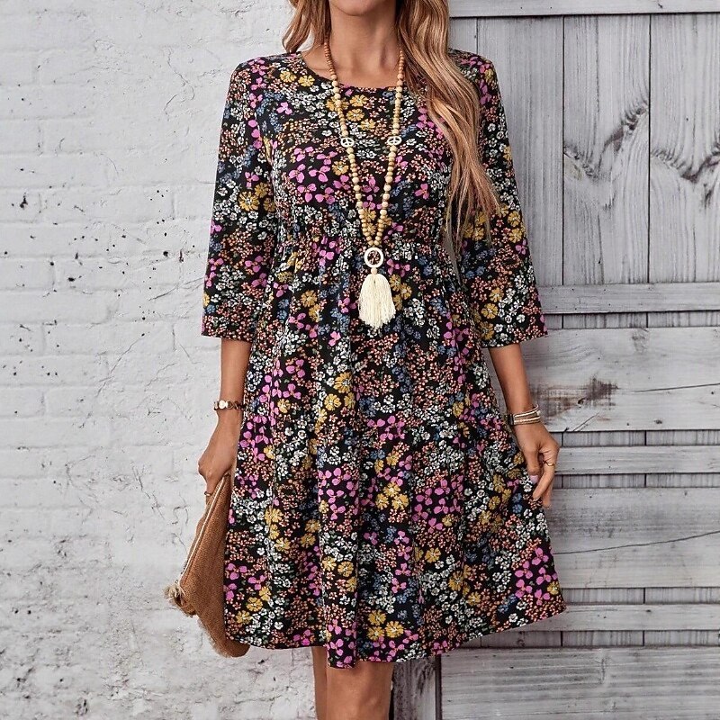 Women's Mini Dress Floral Dress Print Dress Modern Outdoor Vacation Going out Regular Fit Floral 3/4 Length Sleeve Crew Neck Black Spring Fall2