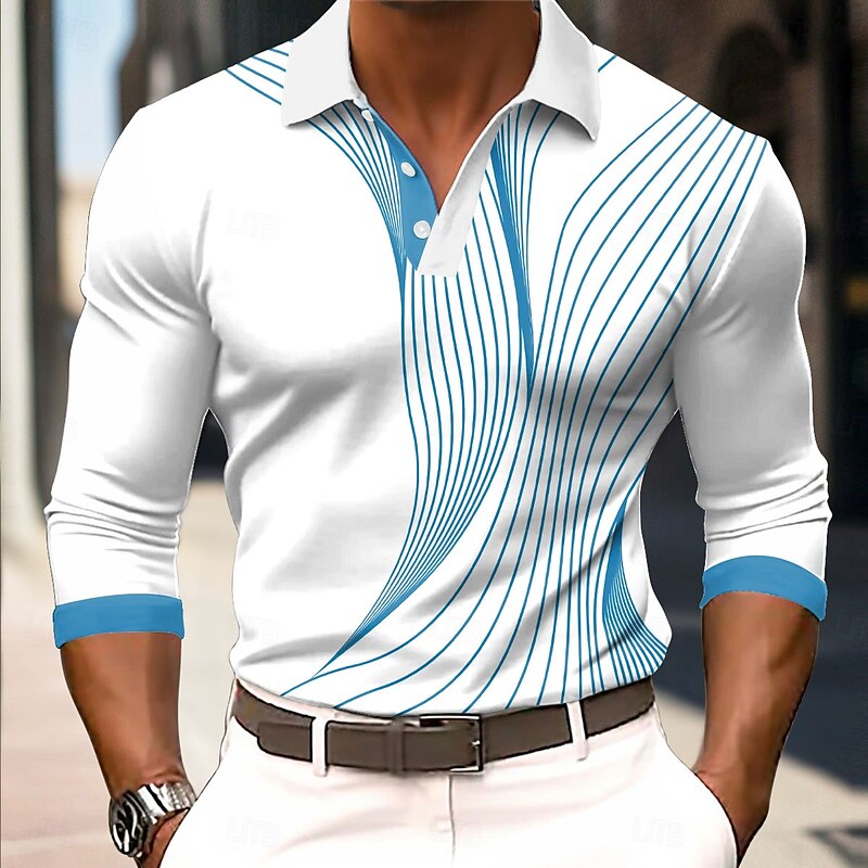 Men's Geometic Line Polo Long Sleeve Polo Shirts Collared Shirts Business Casual Business Athleisure Daily Wear 3D Print Buttons Spring Fall Winter Red Blue Purple
