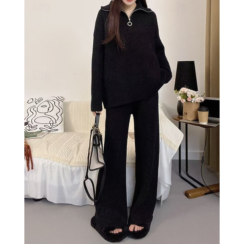 Women's Sweater Sweater Co-ords Pullover Streetwear Casual Solid Color Shirt Collar Zipper Knitted Long Sleeve Regular Tops Knit Daily Going out Weekend Black Apricot Fall Winter4