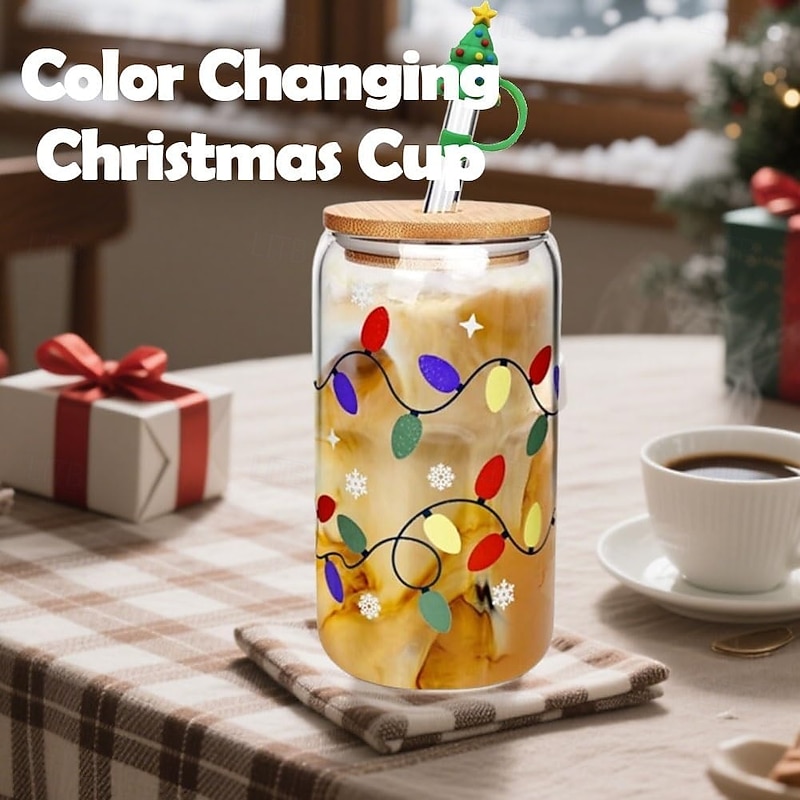 Color Changing Christmas Cup, Cute Color Changing Glass Cup, Bamboo Leakproof Lid & Steel Straw, Reusable Travel Mug for Iced Coffee, Smoothie, Cocktail, Xmas Party Decoration Gift Tumbler3