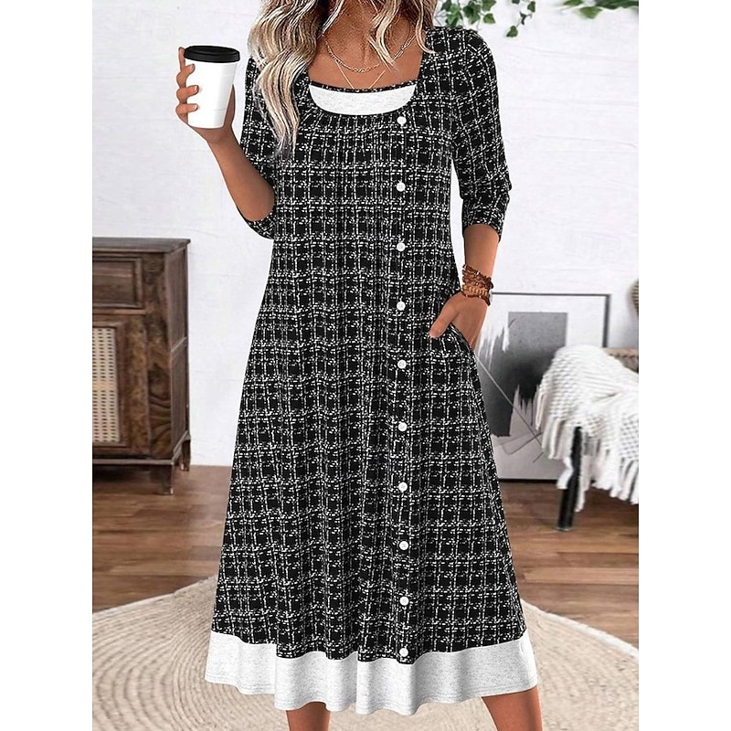 Women's Midi Dress Shift Dress Casual Daily Regular Fit Graphic Geometric Long Sleeve Square Neck Black Spring Fall Winter