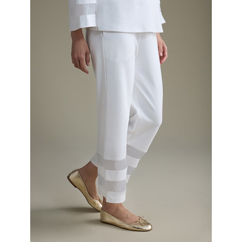 Women's White Modal Cropped Pants with Sheer Chiffon Hem Elastic Waist Loose Fit Comfortable Stylish Daily Work Fall