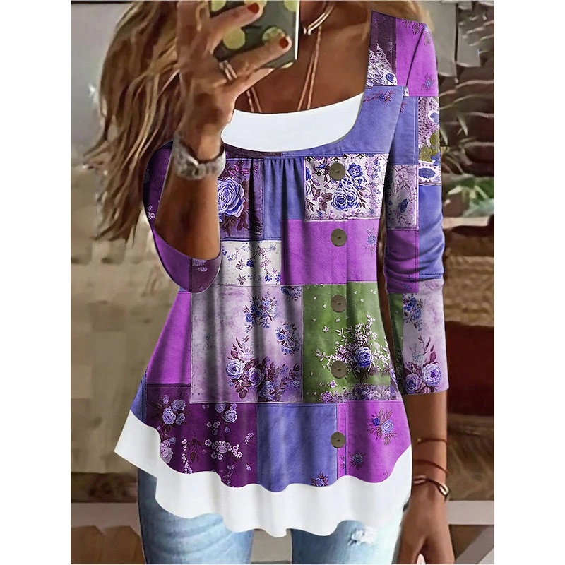 Women's T Shirt Floral Graphic Vintage Stylish Classic Long Sleeve Square Neck Long Tops Daily Weekend Patchwork Buttons Print Red Blue Purple Green Spring Fall Winter3